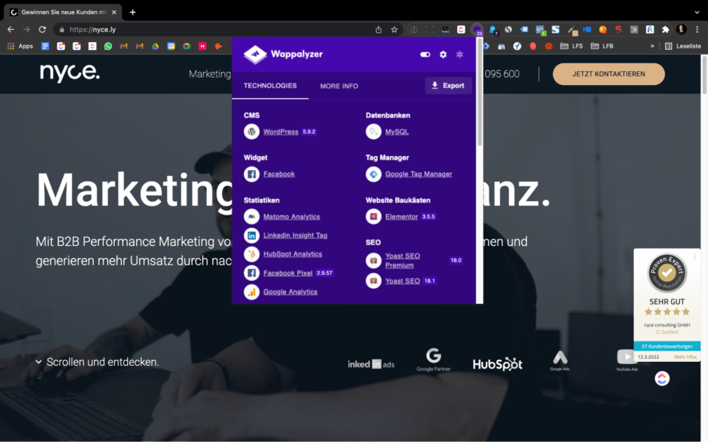 nyce Website mit Wappalizer-Plugins